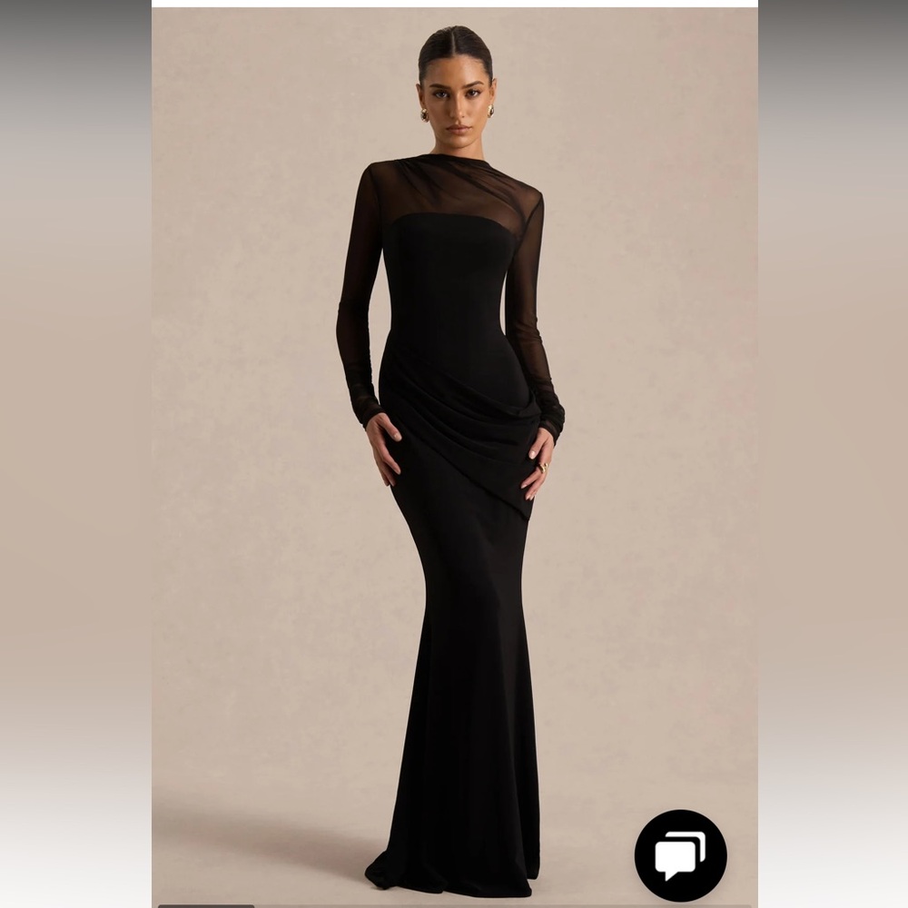 Club L London Black Long-Sleeve Sheer Bodice Evening Gown